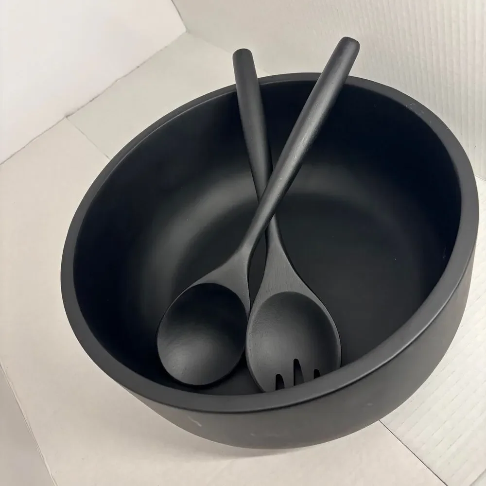 Black Salad Bowl W/ Matching Spoon and Fork Set